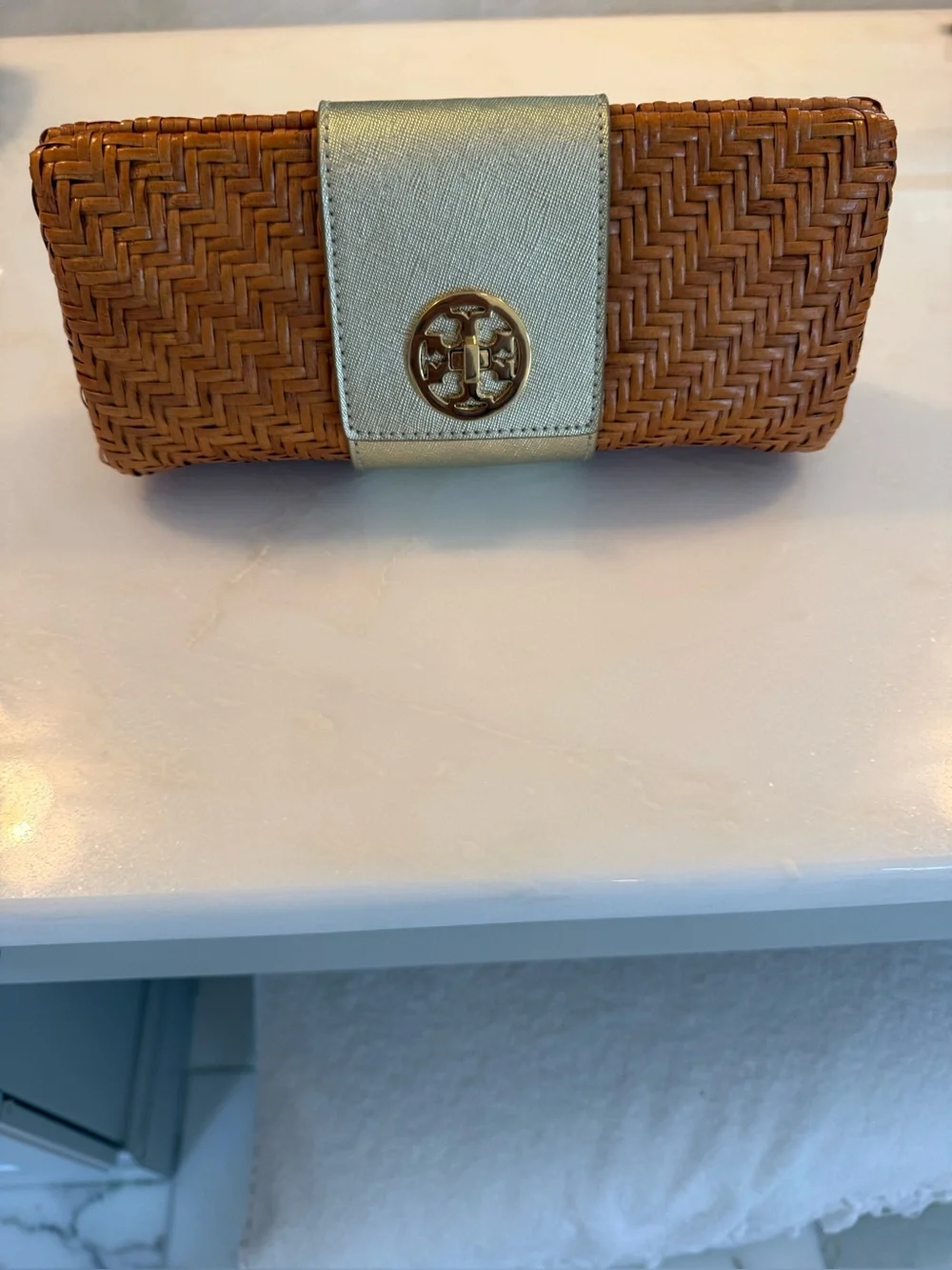 Tory Burch Woven Tan Crossbody with Gold Accent